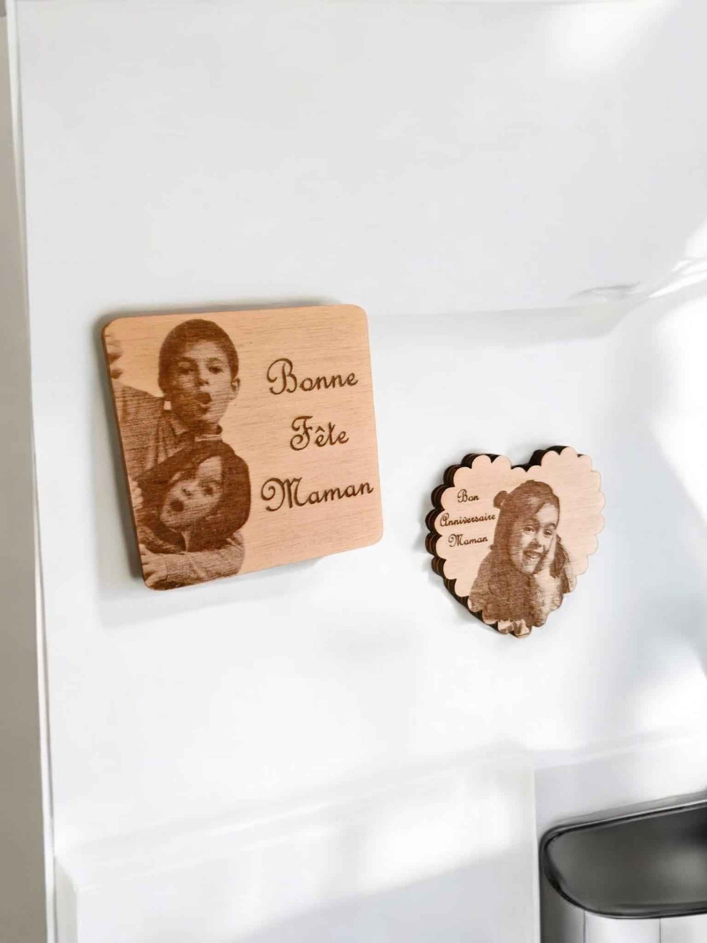 Aimants bois personnalisés avec photo et message gravés au laser - LIJO CREA