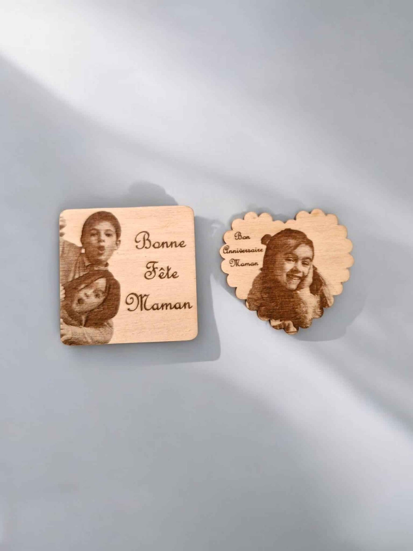 Aimants bois personnalisés avec photo et message gravés au laser - LIJO CREA