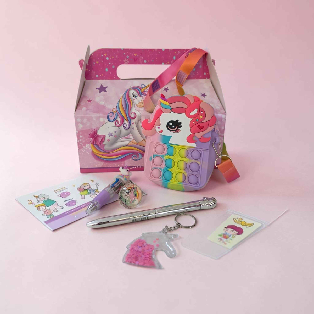 Coffret cadeau Licorne Sac Pop-it avec stylo personnalisé