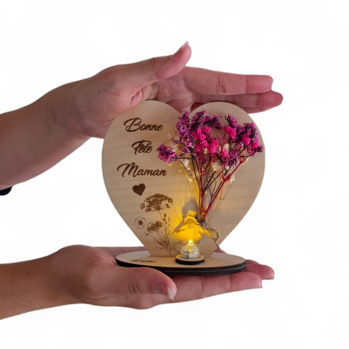 Decoration fete des meres mamies grand meres coeur fleurs personnalise avec led et fleurs sechees_1