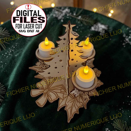 fichier décoration sapin de noël bougeoir centre de table fichier pour découpe laser SVG DXF Xtool création en bois