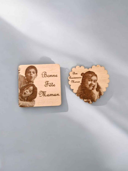 Aimants bois personnalisés avec photo et message gravés au laser - LIJO CREA