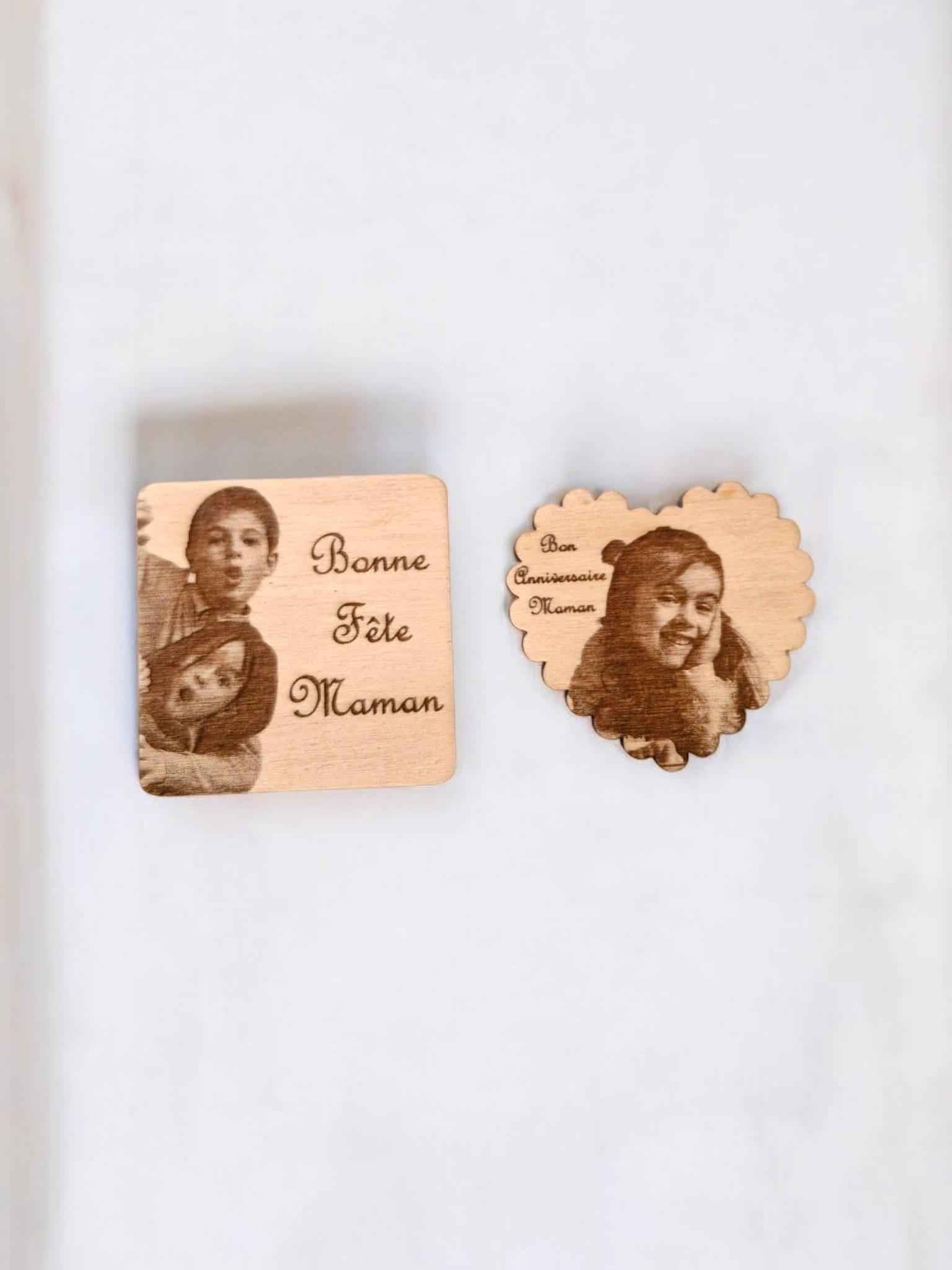 Aimants bois personnalisés avec photo et message gravés au laser - LIJO CREA