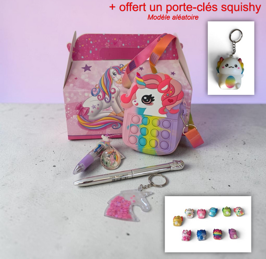 Coffret cadeau Licorne Sac Pop-it avec stylo personnalisé