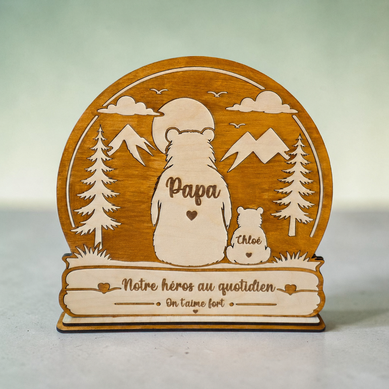 idée cadeau fête des pères papi grand-père cadeau original personnalisé en bois papa ours sur socle cadeau unique