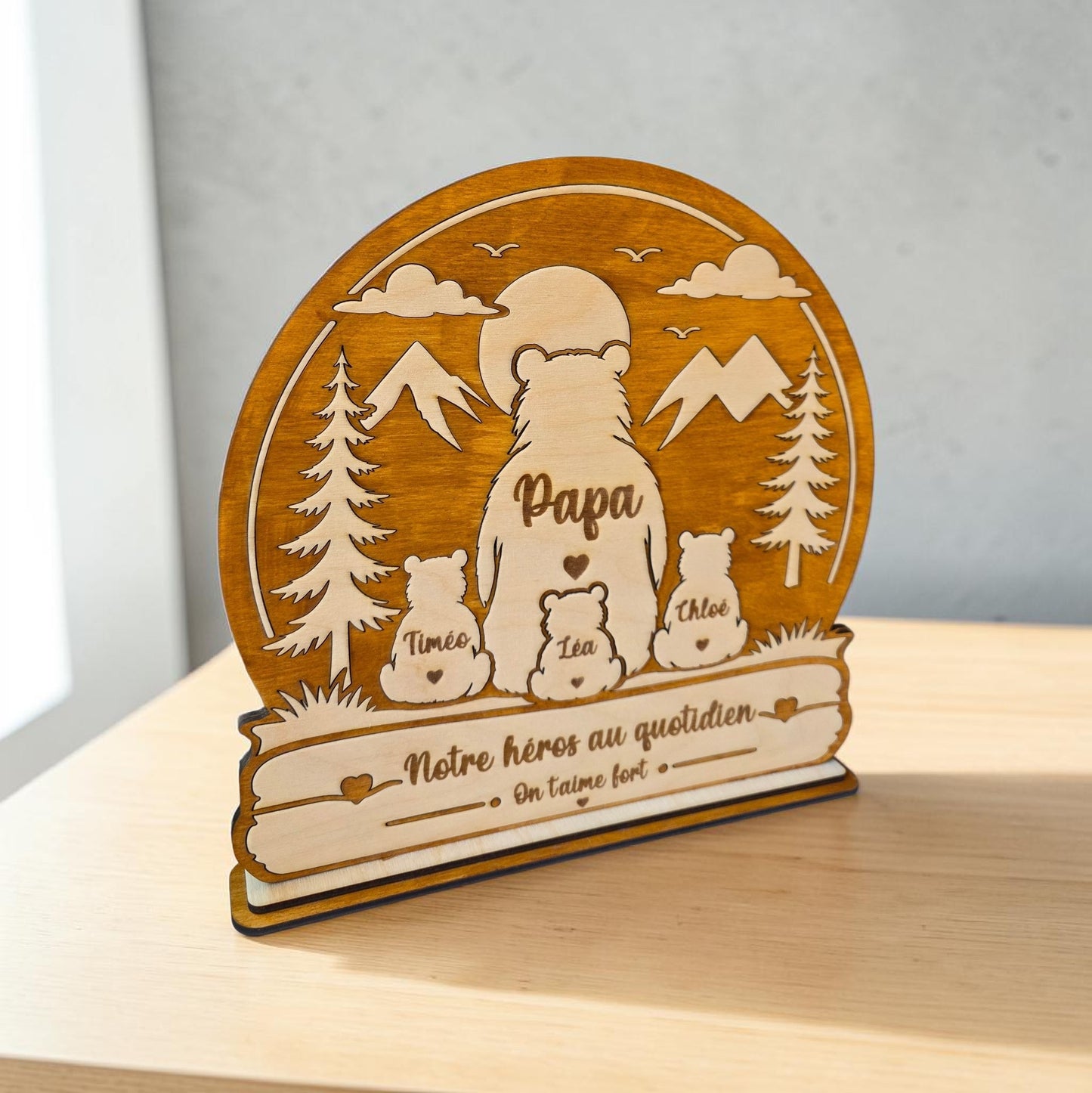idée cadeau fête des pères papi grand-père cadeau original personnalisé en bois papa ours sur socle cadeau unique