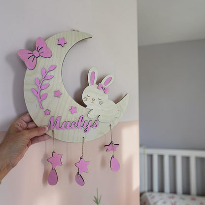 décoration murale chambre enfant lune lapin en bois personnalisée 