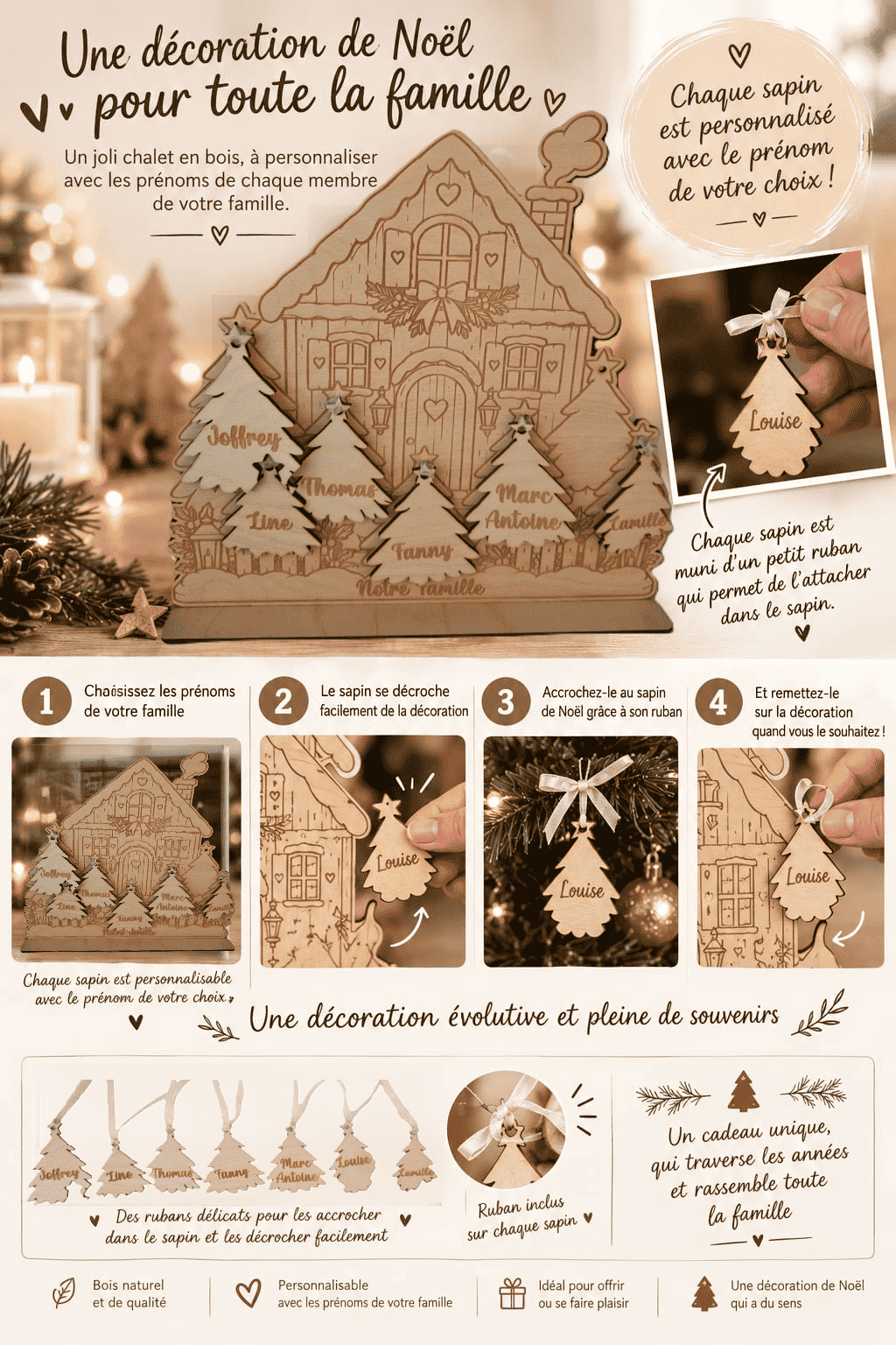 Décoration de Noël personnalisée en bois avec jusqu'à 7 prénoms. Petits sapins amovibles à accrocher dans le sapin familial. Une idée cadeau originale pour toute la famille.