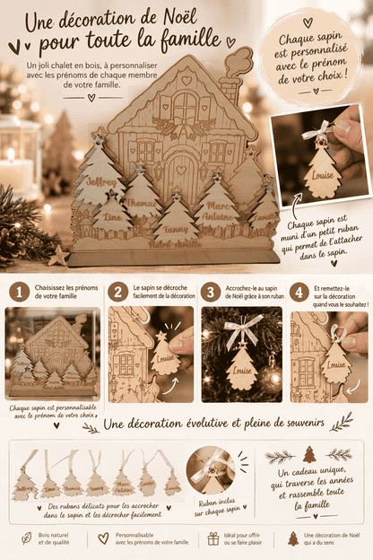 Décoration de Noël personnalisée en bois avec jusqu'à 7 prénoms. Petits sapins amovibles à accrocher dans le sapin familial. Une idée cadeau originale pour toute la famille.