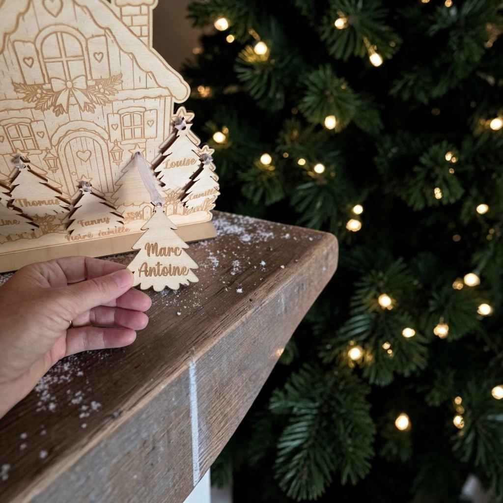 Décoration de Noël personnalisée en bois avec jusqu'à 7 prénoms. Petits sapins amovibles à accrocher dans le sapin familial. Une idée cadeau originale pour toute la famille.