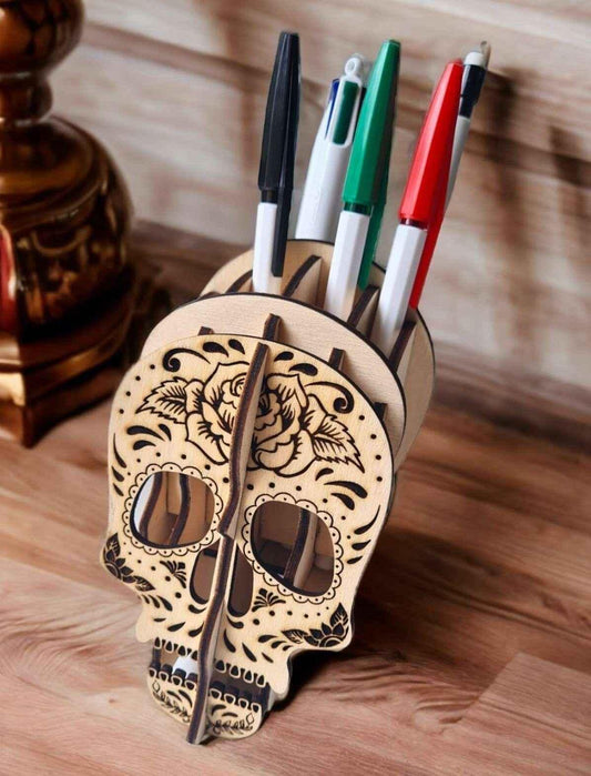 Porte-crayons en bois tête de mort style unique - LIJO CREA