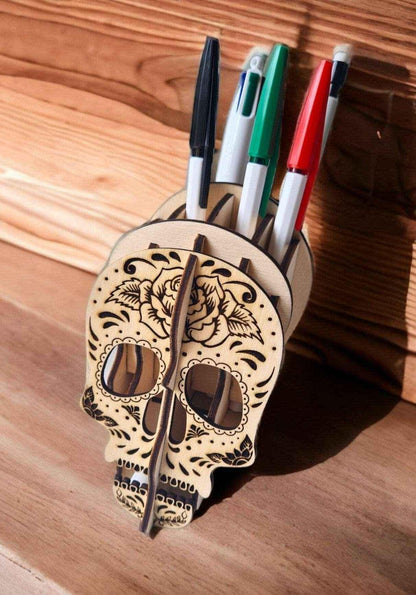 Porte-crayons en bois tête de mort style unique - LIJO CREA