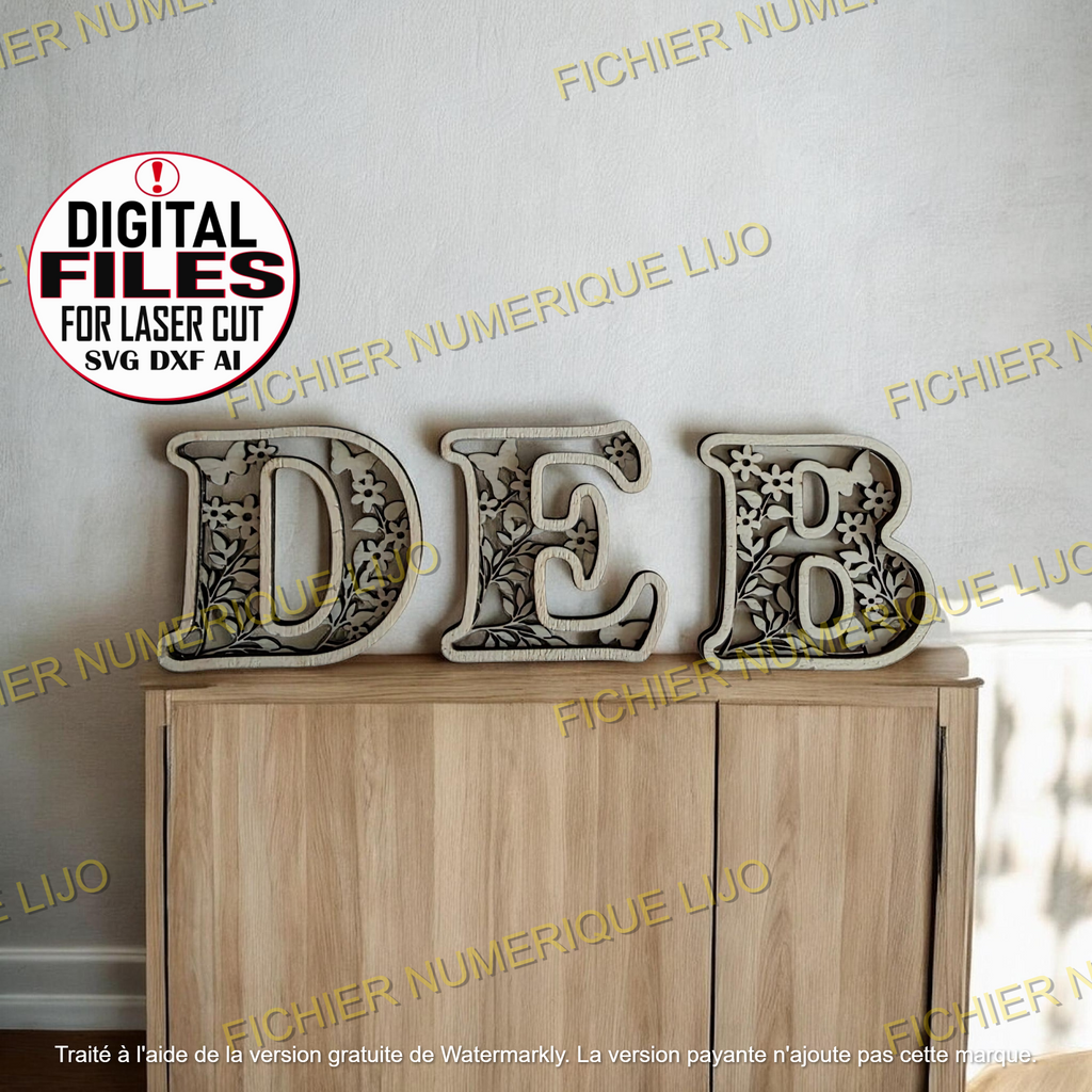 lettre alphabet dxf svg laser cut fichier papillon 