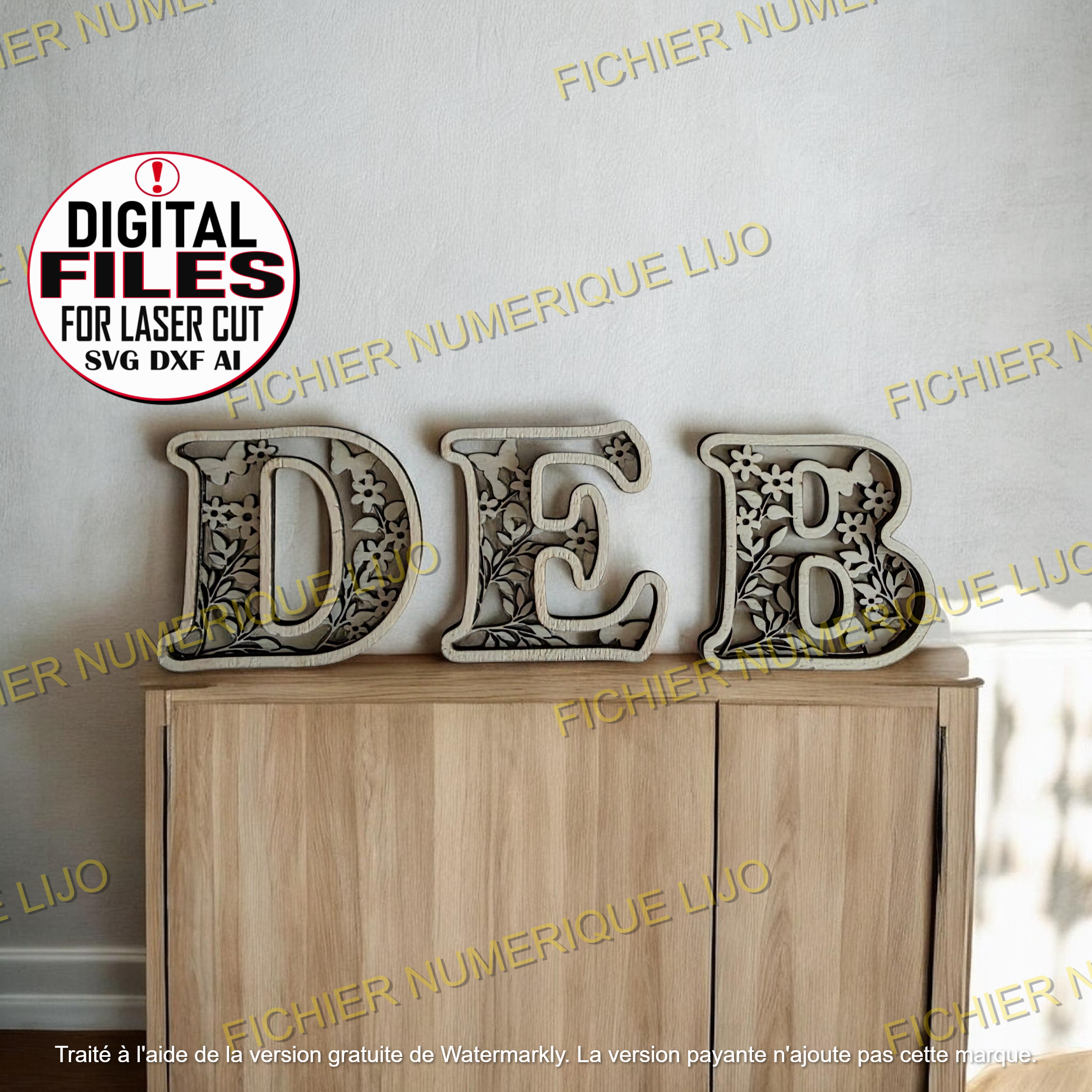 lettre alphabet dxf svg laser cut fichier papillon 