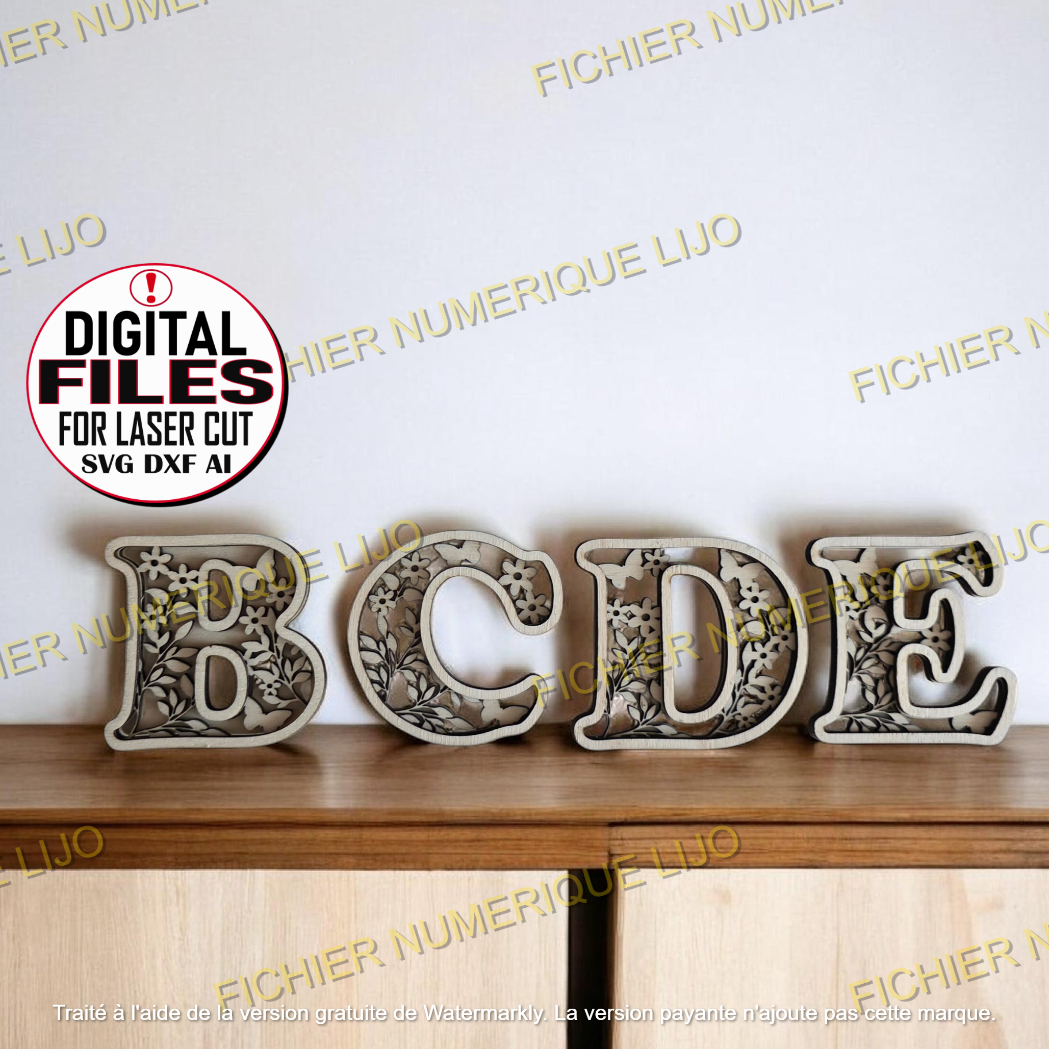 lettre alphabet dxf svg laser cut fichier papillon 