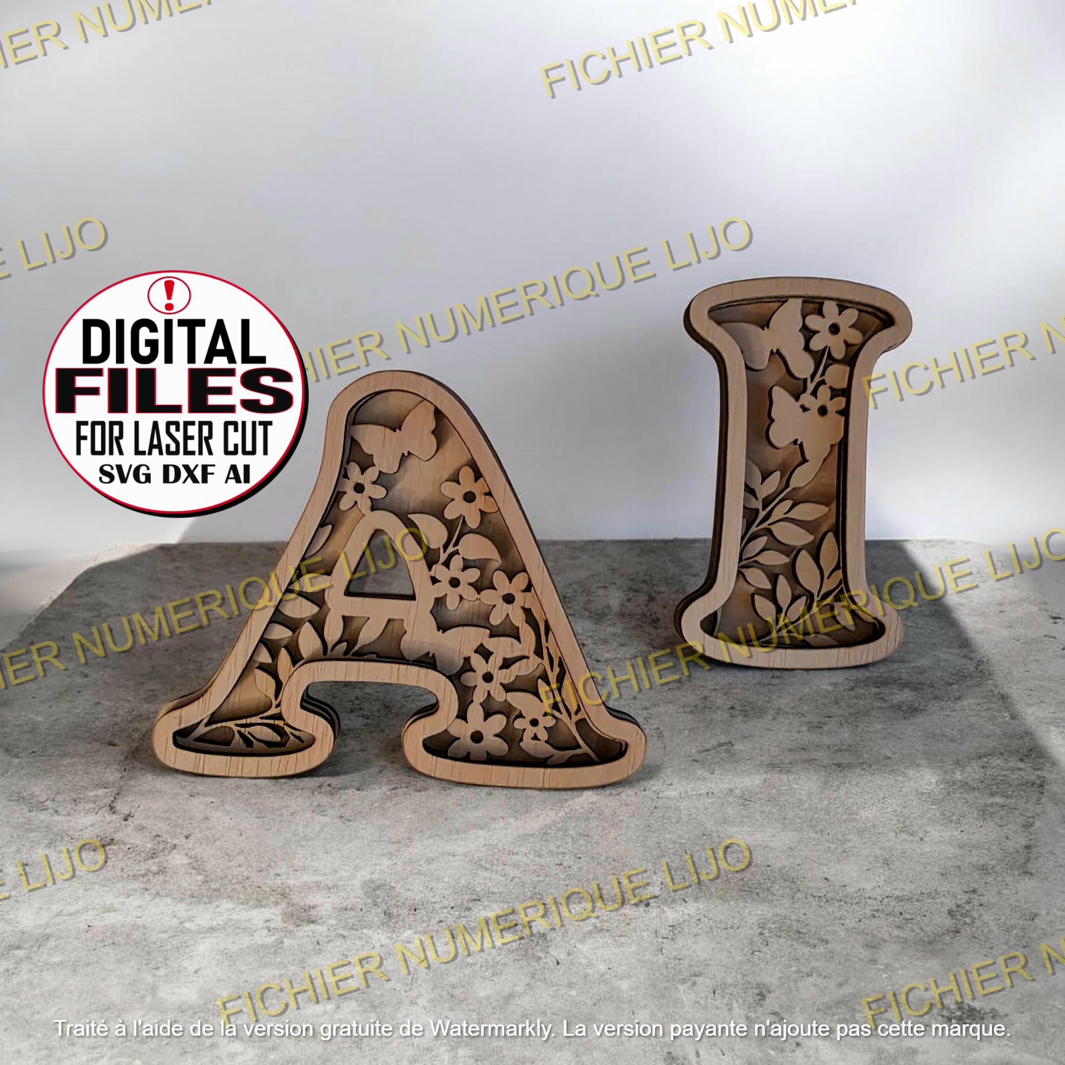 lettre alphabet dxf svg laser cut fichier papillon 