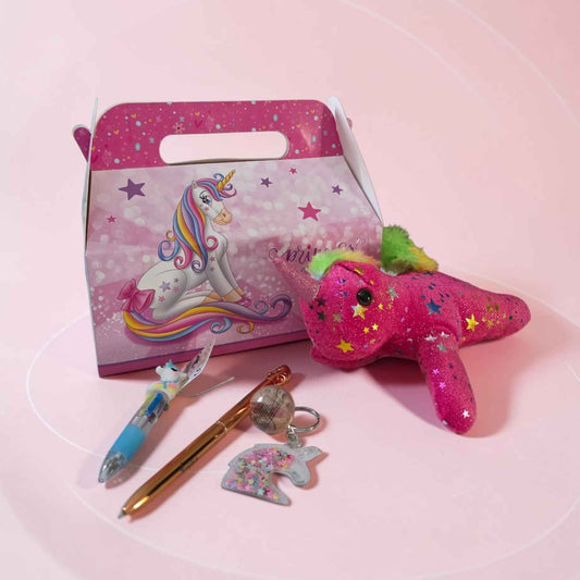 coffret boite cadeau licorne avec stylo personnalisé peluche licorne balle rebondissante
