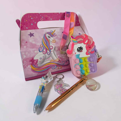 boite cadeau coffret licorne stylo personnalisé sac pop it stylo porte clés licorne