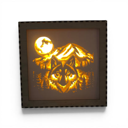 Fichier lightbox loup svg pour machine de découpe cricut silhouette loup au clair de lune dans la forêt fichier boite à lumière en 3d led