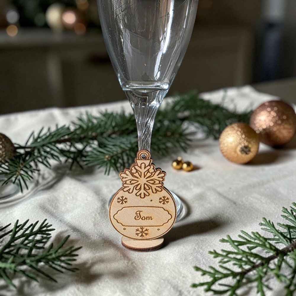marque place boule de noël personnalisé en bois
