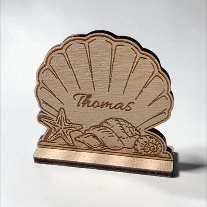 marque place coquillage mer océan personnalisé en bois décoration table mariage anniversaire retraite voyage