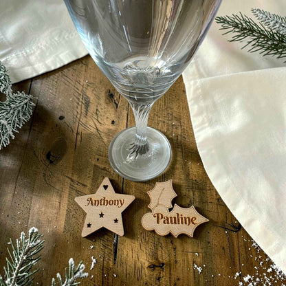 Marque place de Noël Étoile ou Gui personnalisé en bois avec prénom