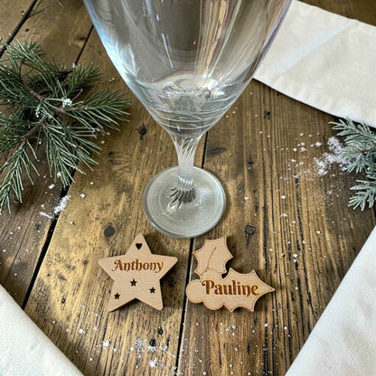 Marque place de Noël Étoile ou Gui personnalisé en bois avec prénom