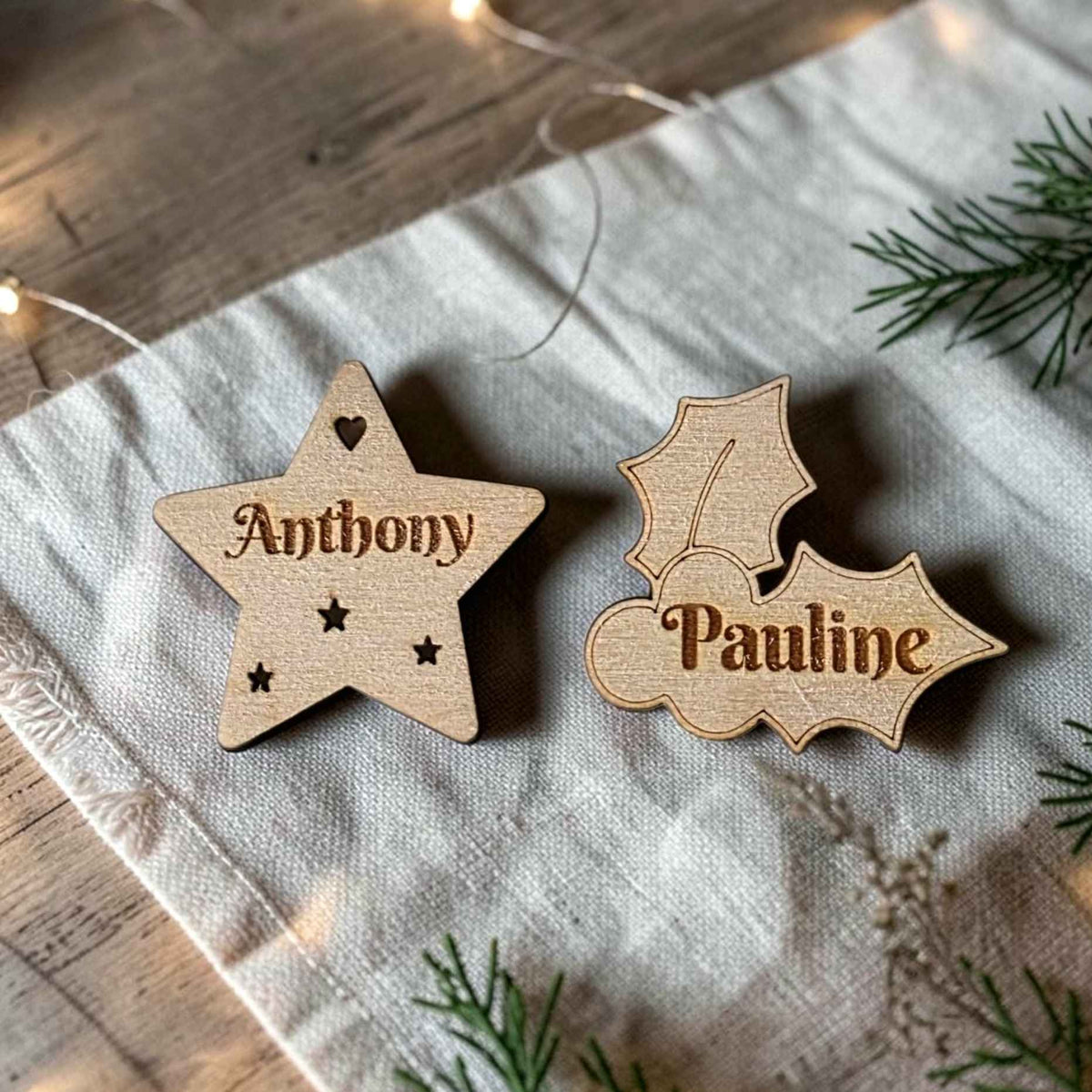 Marque place de Noël Étoile ou Gui personnalisé en bois avec prénom