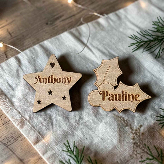 Marque place de Noël Étoile ou Gui personnalisé en bois avec prénom