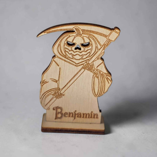 marque place halloween faucheuse citrouille chauve souris personnalisé en bois avec prénom