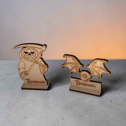 marque place halloween faucheuse citrouille chauve souris personnalisé en bois avec prénom