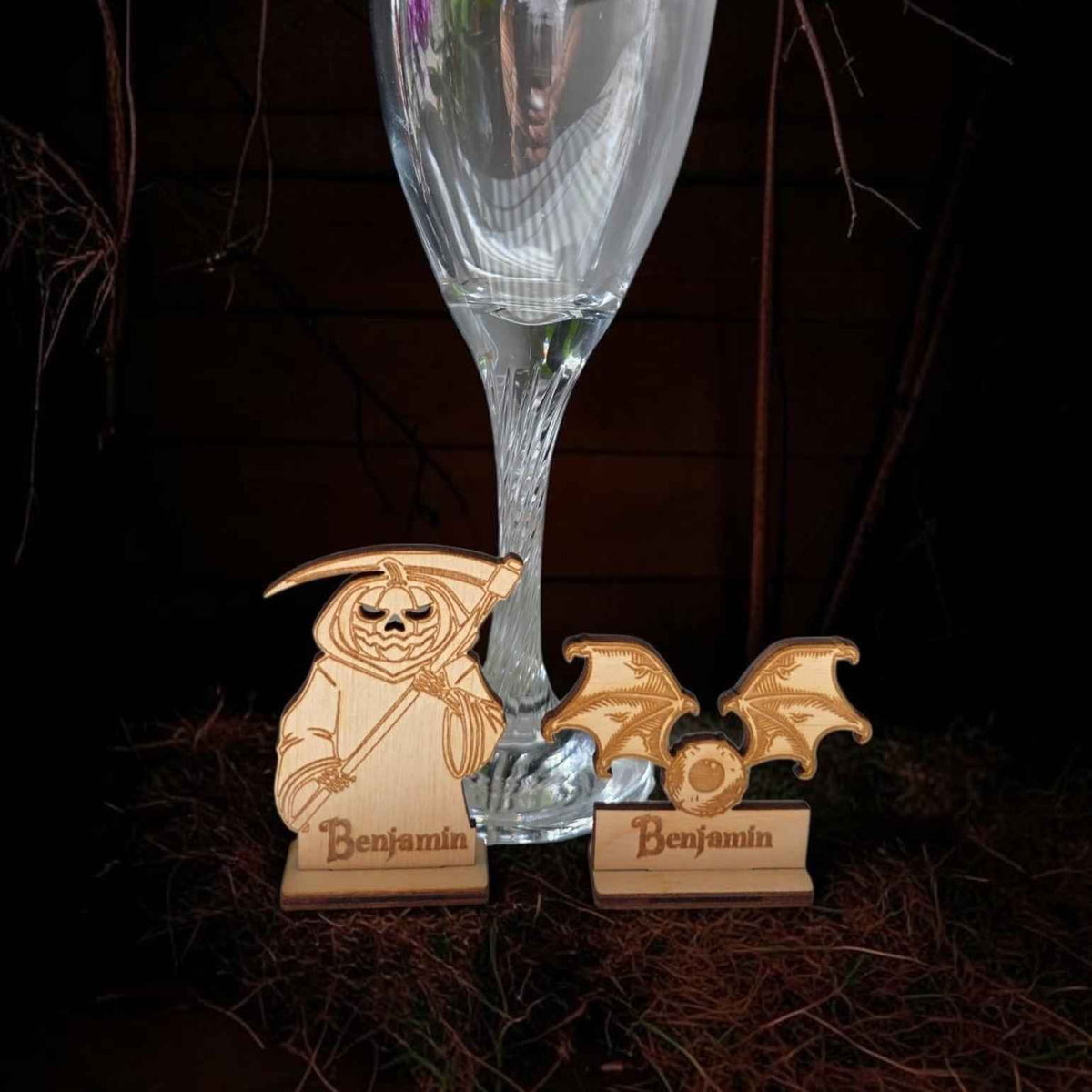 marque place halloween faucheuse citrouille chauve souris personnalisé en bois avec prénom