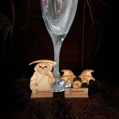 marque place halloween faucheuse citrouille chauve souris personnalisé en bois avec prénom