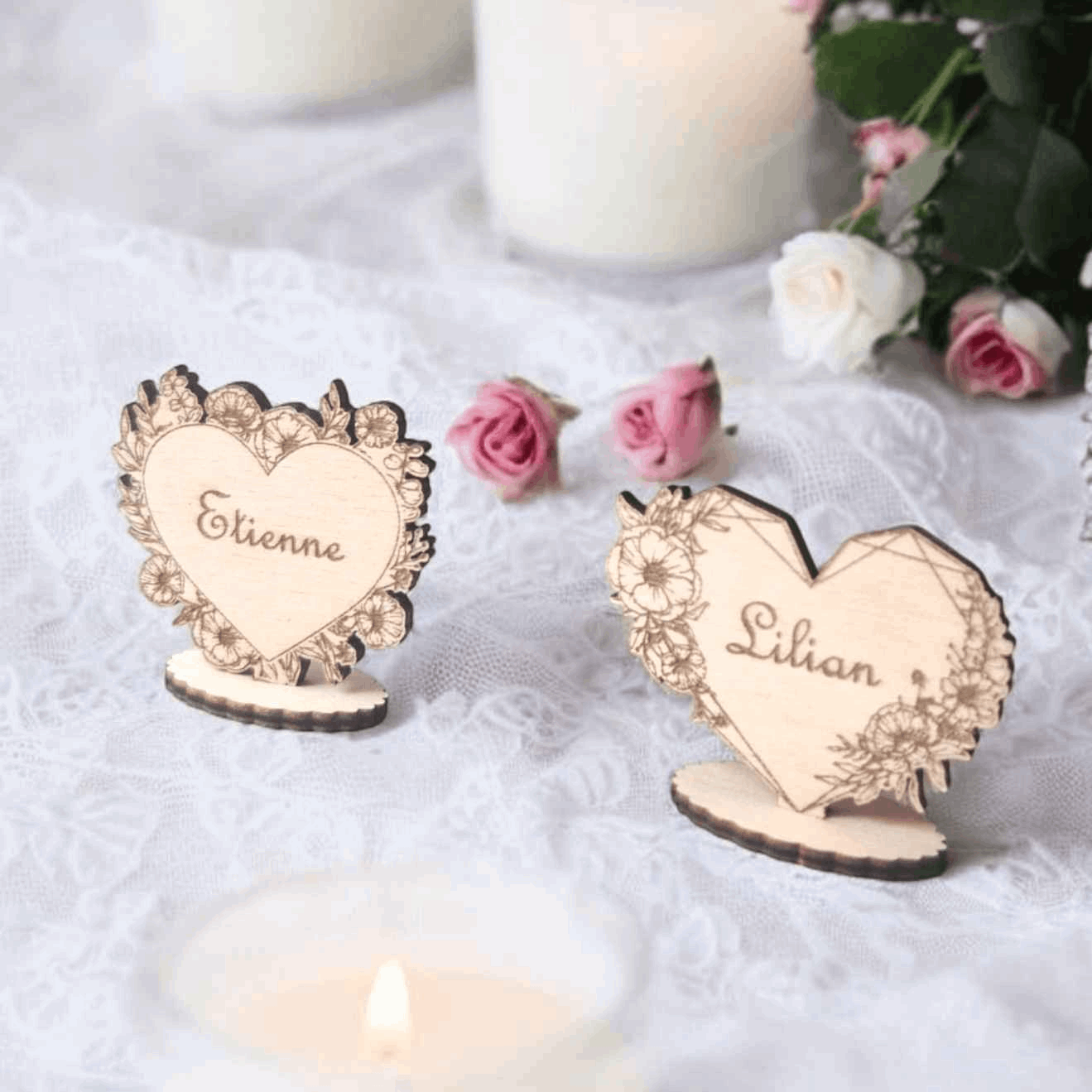 Marque-places coeur et fleurs - Élégants marque-places fleurs coeur pour vos événements - LIJO CREA
