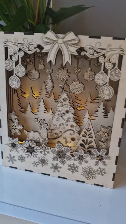 Lampe boite a lumiere LED Noel en bois artisanale - Décoration lumineuse de Noël